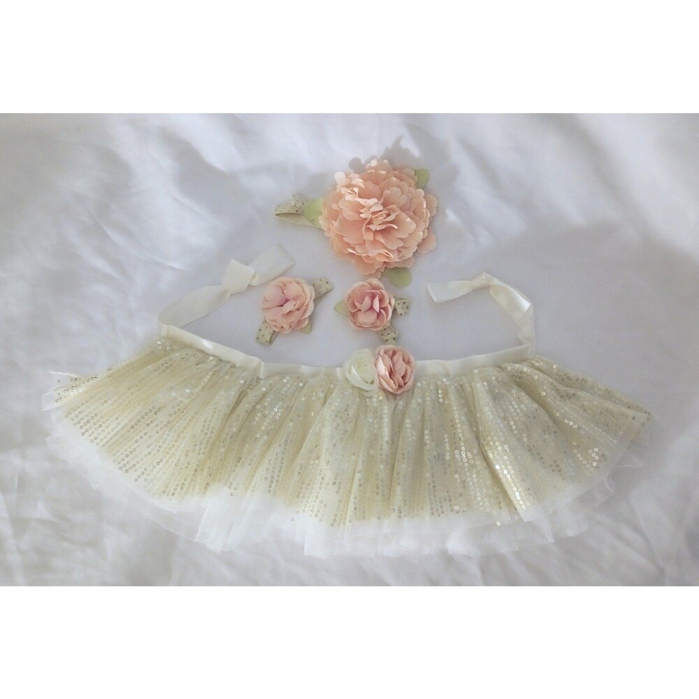 4pc TOBY Infant Girl Photo Shoot Prop Set Tulle Skirt + Flowers sz 0-12M
